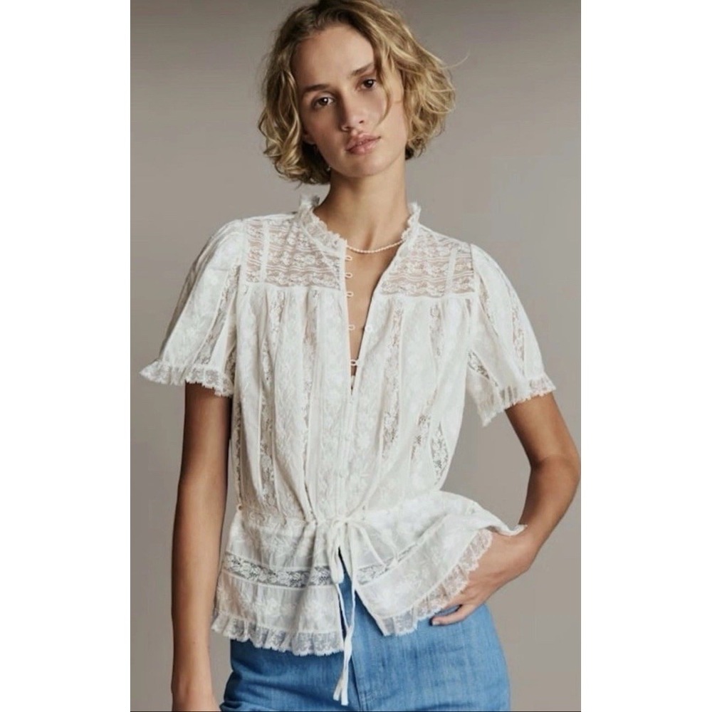 NWT Sezane Shenali Blouse Top Ecru Size 8 US EU 40 Short Sleeve RARE FIND